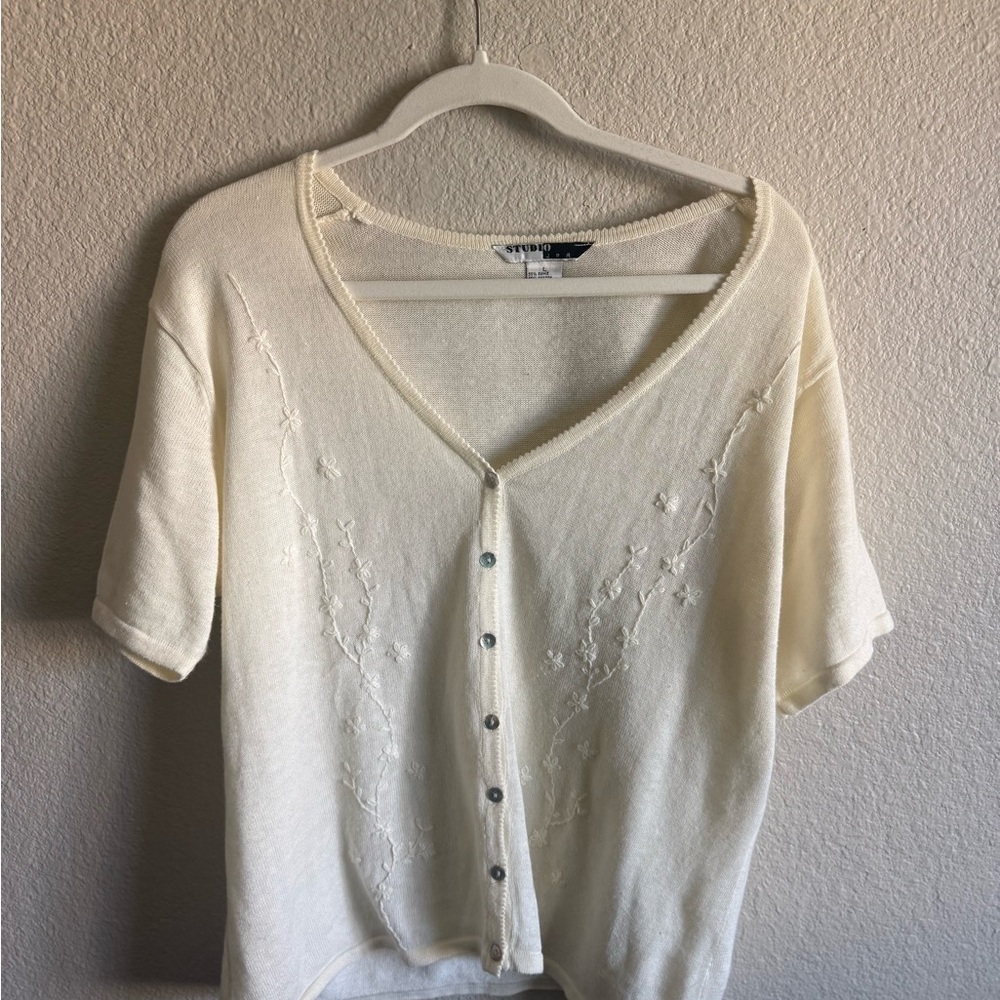 Vintage Cream Embroidered Button-Up Cardigan - Floral Ditsy Natural Feminine